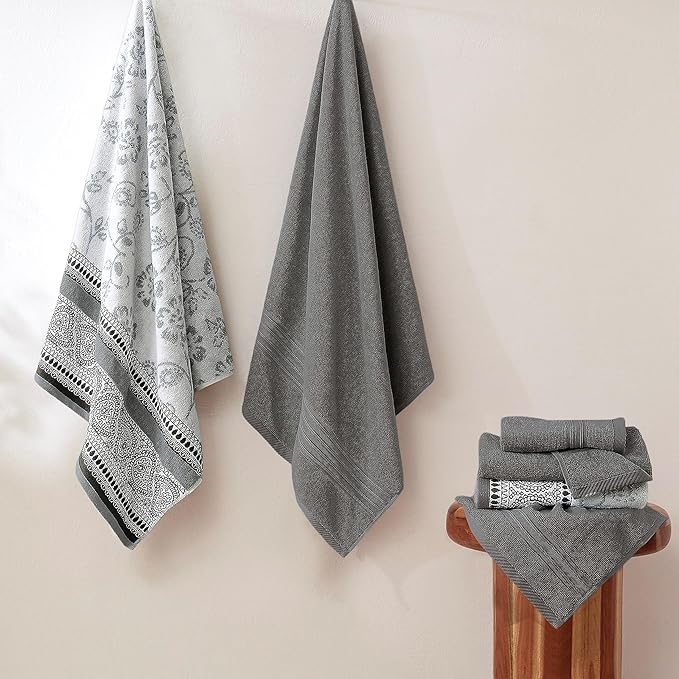 Modern Threads Floral Trail 6-Piece 100% Cotton Towel Set – Reversible Yarn Dyed Jacquard – Includes 2 Bath Towels, 2 Hand Towels, 2 Washcloths – Absorbent, Quick Dry, Soft & Durable – Gray