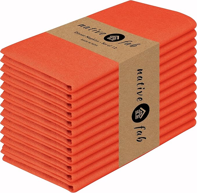 Native Fab Cloth Napkin Set of 12, 100% Cotton, Washable, Reusable Dinner Cloth Napkin 17x17 inches, Table Decor Napkins for Dinner, Events, Orange