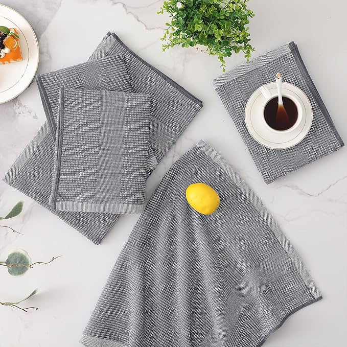 Mordimy Premium Kitchen Towels 6 Pack (18 x 28 Inches, Grey), Large Cotton Kitchen Hand Towel, Flat & Terry Dish Towels for Drying Dishes, Super Absorbent Tea Dishtowels Set with Hanging Loop
