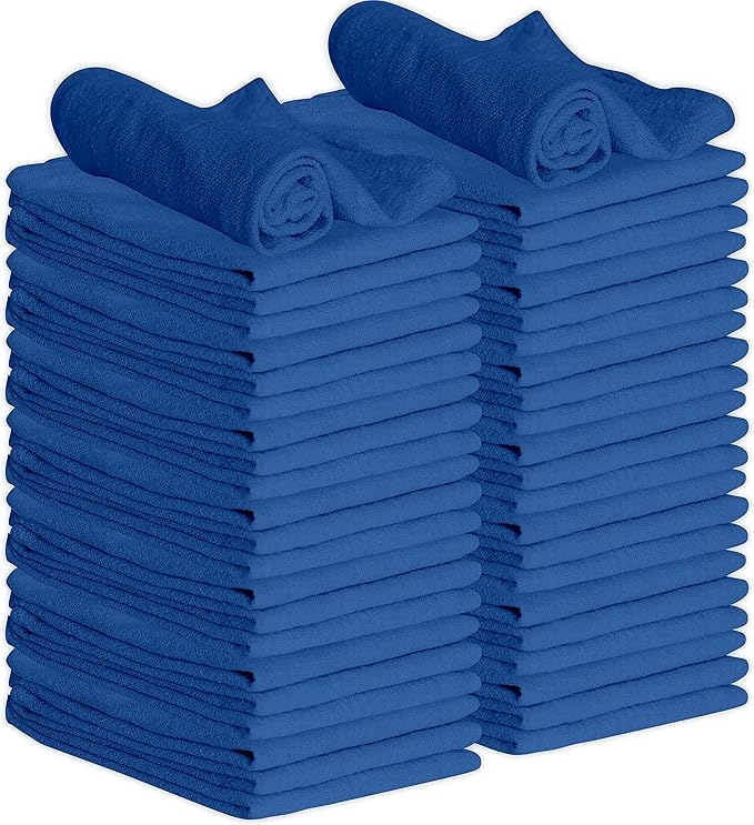 GREEN LIFESTYLE Shop Towels 12" x 14" 50 Pack - Blue Cotton Shop Towels, Cleaning Rags, Reusable Shop Rags, Absorbent Terry Cloth Cleaning Towels for Garage, Automotive, Industrial and Home Use