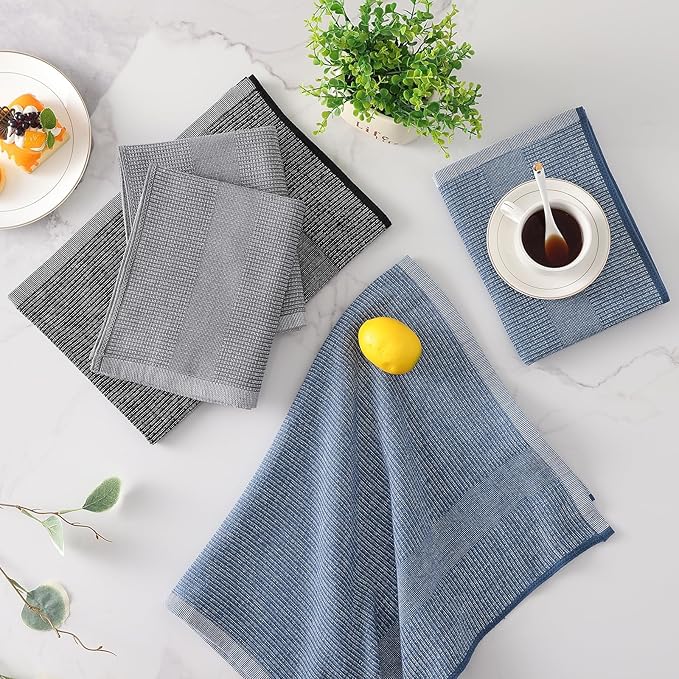Mordimy Premium Kitchen Towels 6 Pack (18 x 28 Inches, Navy Blue/Grey/Black), Large Cotton Flat & Terry Kitchen Hand Towel, Super Absorbent Tea Dishtowels Set with Hanging Loop