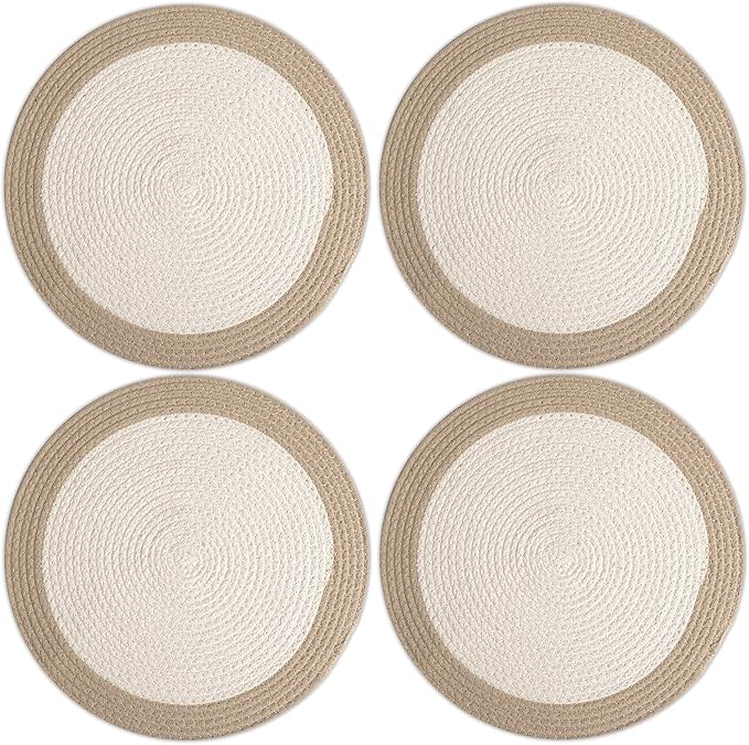 Encasa XO Dining Placemats Set of 4 | Cotton Round Table Mat - 13 in Diameter | Off White & Beige | Handmade Rib Style Chargers for Dinner Plates