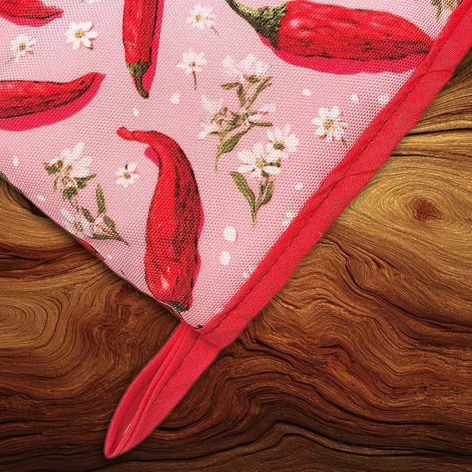 Hot Peppers Oven Mitts, Funny Chili High Heat Resistant Kitchen Oven Gloves, Mini Silicone Oven Mitts, Non-Slip Grip Surfaces and Hanging Loop for Grilling, Baking, Cooking and Microwave, Gift