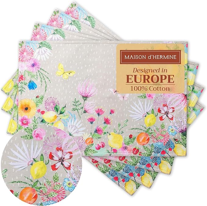 Maison d' Hermine Placemats Set of 4 100% Cotton Washable Cloth Place Mats Reusable Table Mats for Kitchen Dining Party Wedding Gifts for Mothers Day Spring/Summer (Jardin D'Ete - Fog, 13" x 19")