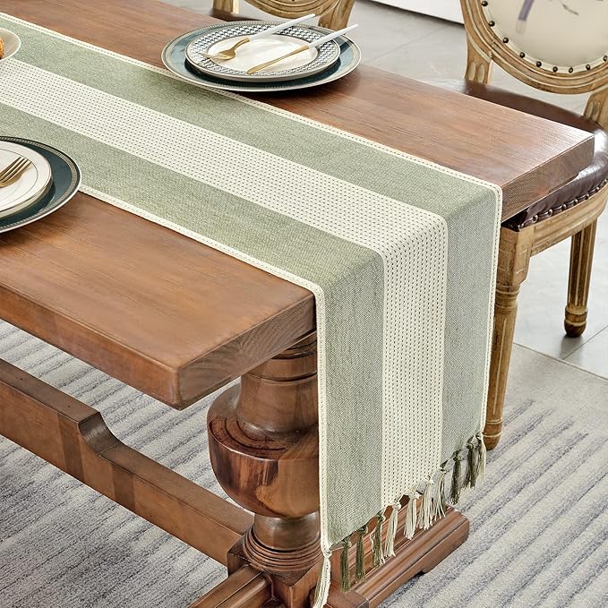 Wracra Linen Table Runner, Farmhouse Macrame Table Runners 90 Inches Long for Dining Table Decor, Wedding, Party and Dresser Decor (Sage Green,90")