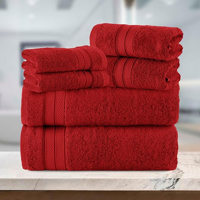 Elegant Comfort Luxury 6-Piece Towel Set, Premium Soft 100% Turkish Cotton, Three Line Popcorn Design 2 Bath Towels, 2 Hand Towels and 2 Washcloths Towel Set - Quick-Drying and Absorbent, Red