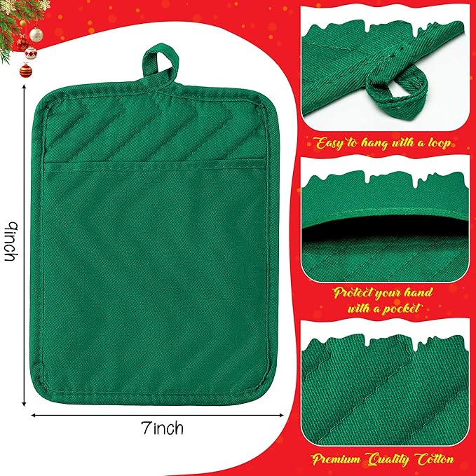 R HORSE 6Pcs Christmas Red Green Potholders with Pockets Baking Cooking Gift Kitchen Cotton Heat Resistant Potholder Machine Washable Hot Pads Oven Mitt Christmas Pot Holder Gift