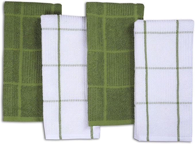 AMOUR INFINI Kitchen Towels Pack of 4, Terry Cotton Dish Towels, Ultra Absorbent, Quick Drying Hand & Tea Towels, Soft Durable Cleaning Cloths with Hanging Loop, 16 x 26 Inch (Green)