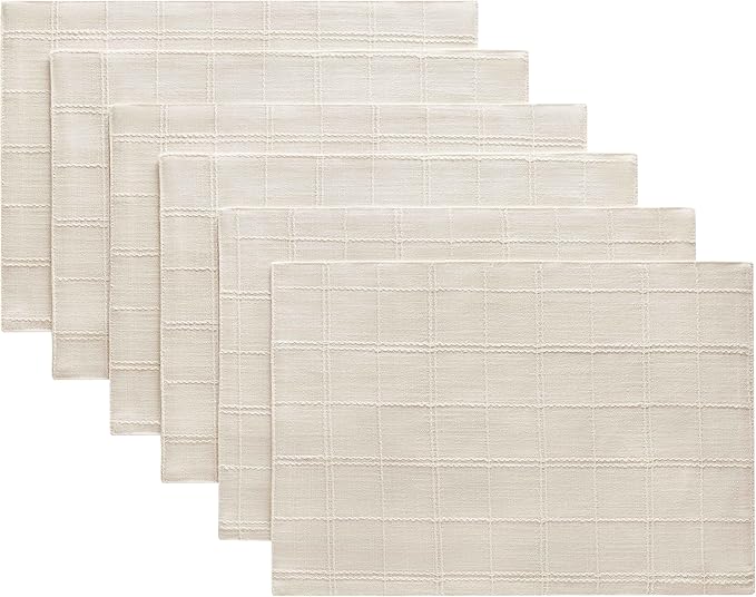 ZeeMart Linen Checked Placemats Set of 6, Plaid Embroidery Textured Table Mats, Double Layer Thick Farmhouse Rustic Place Mats for Kitchen Dining Table Home Decor, Ivory 13x19 Inch