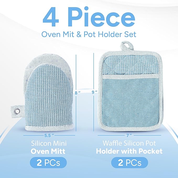 Casa Platino BBQ Gloves & Potholders Set, 4Pc Kitchen Mitts for Oven & Baking, Holder for Hot Pots & Dishes – Heat Resistant Up to 500°F, Non-Slip & Machine Washable – Cornflower