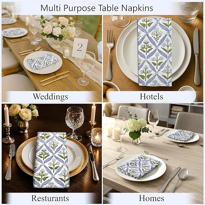 Ridhi Light Steel Blue Hand Block Print 100% Cotton Napkins 18" x 18" (Set of 4) Reuseable Kitchen Napkins Cloth Decor Dinner Party Wedding Cocktail Gift for Spring, Easter, Valentine