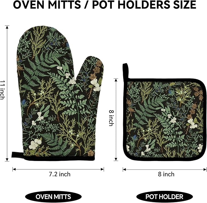 Botanical Print Floral Oven Mitts and Pot Holders Sets Black Sage Green Leaves Kitchen Oven Gloves Hot Pads Farmhouse Potholders and Kitchen Mitts 4Pcs for Baking Cooking BBQ (Black)