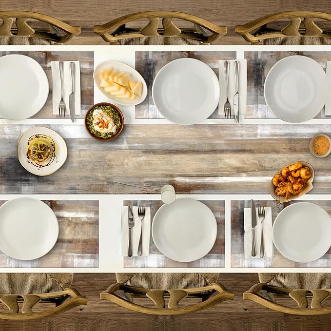 Brown and Gray Table Runner and Placemats Set of 6 Farmhouse Washable Linen Place Mats Rustic Abstract Art Table Decor for Kitchen Dining Coffee Outdoor Party (Brown and Gray, 13"x71"+12"x18")
