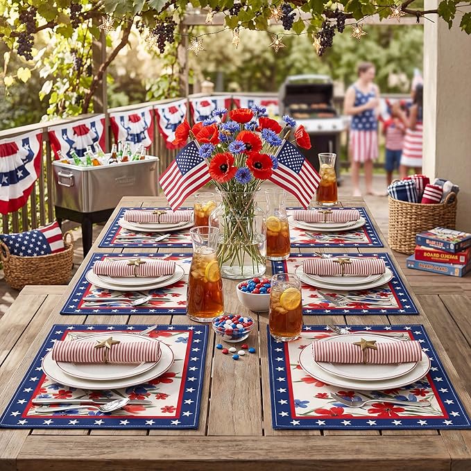 Patriotic Red White Blue Floral Placemats, USA 250th Anniversary 1776-2026 Independence Day Placemats, Watercolor Floral Patriotic Table Mats for 4th of July Memorial Day Party Decor, Set of 6