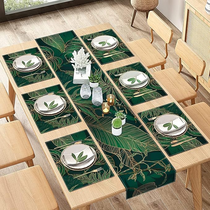 ArtSocket Palm Leaves Table Runner and Placemats Set of 6, Luxury Geometric Green Gold line Modern Tropical Dining Decor for Daily Use(1 Table Runner 72 inches Long and 6 Placemats)
