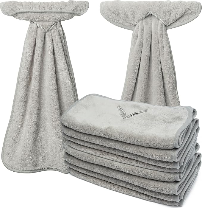 R HORSE 8Pcs Hanging Hand Towel with Loop, Grey Absorbent Coral Fleece Bathroom Hand Towel, Soft Thick Dish Cloth Decorative Quick Drying Dish Cloth, Washcloth for Kitchen Bathroom