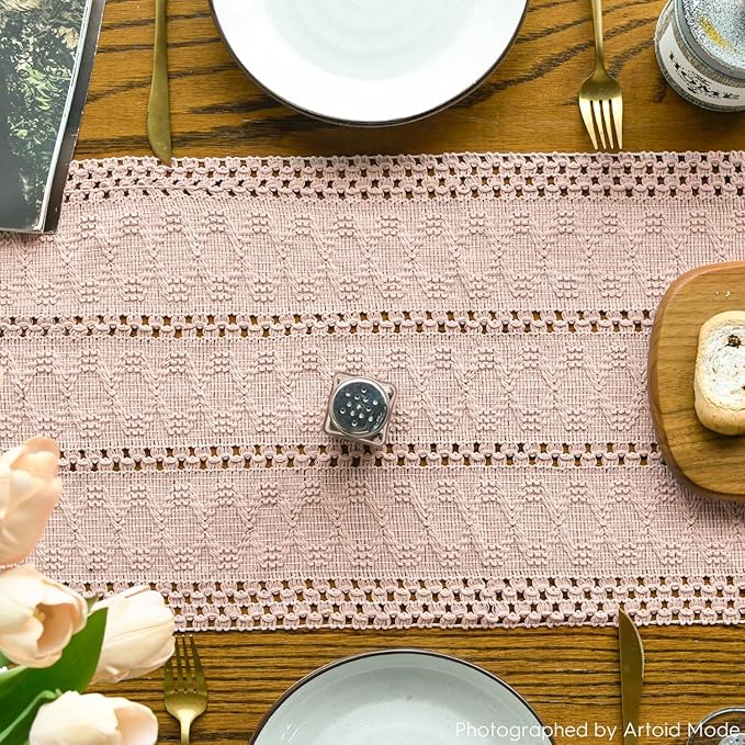 Artoid Mode Pink Farmhouse Woven Rustic Hollow Table Runner, Seasonal Holiday Hollow Kitchen Dining Table Decoration for Home Party Decor 12x48 Inch