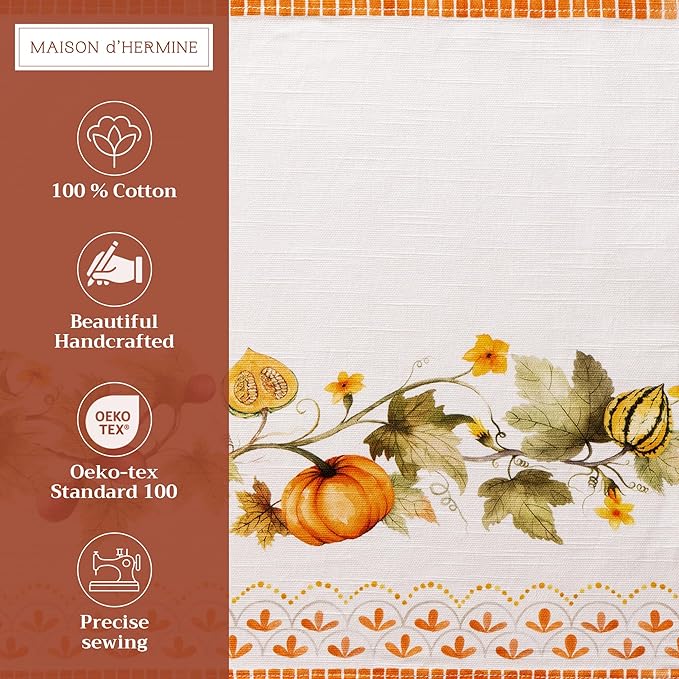 Maison d' Hermine Placemats Set of 4 100% Cotton Washable Cloth Place Mats, Reusable Table Mats for Thanksgiving Christmas Decorations Kitchen Dining Party (Pumpkin Garden - Cloudy Cream, 13" x 19")