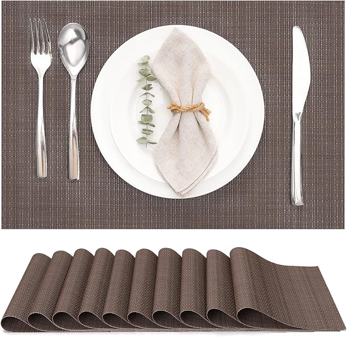 Myir JUN Placemats Set of 10, Vinyl Woven Placemats Place Mats Indoor Set of 10 Washable Table Mats Non-Slip Place mats for Dining Table (Coffee)