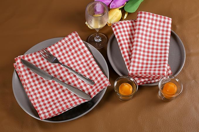 Native Fab Gingham Cloth Napkins - Set of 4 - Mini Check Plaid - 100% Cotton - 16x16 inches - Soft Comfortable Absorbent - Premium Hotel Quality - Easy Care, Washable, Wedding, Everyday Use - Red