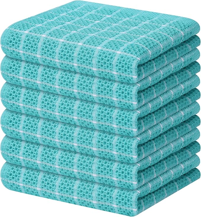 Homaxy 100% Cotton Kitchen Towels 6 Pack-15 X 25 Inches, Check Design Waffle Weave Hand Tea Towels, Super Soft and Absorbent Dish Towel for Drying Dishes, Aqua