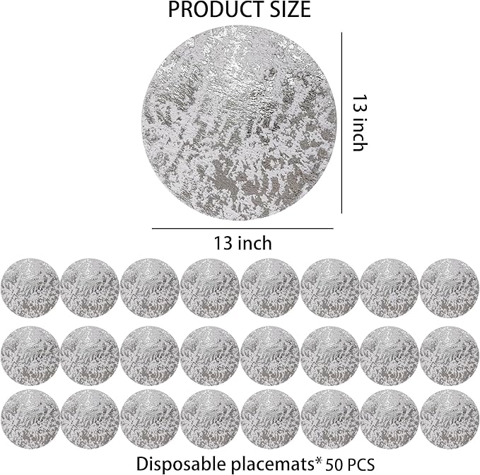 Snowkingdom Silver Disposable Placemats Set of 50 Foil Mesh 13 Inch Round Table Mates Bulk 50 Pack Silver Doilies for Dining Table Wedding Birthday Party Holiday Home Decoration