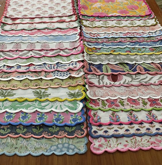 Ridhi Hand Block Print Mix Random 9" x 9" (Set of 6) Embroidery Table Napkins Reusable Cotton Dinner Napkins for Weddings, Parties, Everyday Dining Gift for Spring, Easter, Valentine