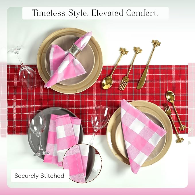 Pink Buffalo Plaid Cloth Napkins 4 Pack, 16x16 Inches, 100% Cotton, Soft, Durable Fabric, Washable Checked Table Linen for Easter Brunch, Spring Parties, Dining, Rose Pink and White