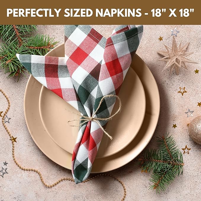 Native Fab Checked Cloth Napkins Set of 12-100% Cotton, 16x16 inch, Soft & Durable, Machine Washable, Reusable Dinner Napkins for Dining, Holiday, Party, Gingham Design - Red, White, Olive Green