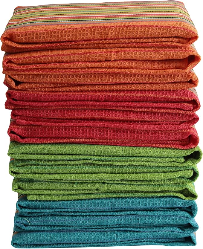 DG Collections Salsa Stripe Kitchen Dish Towels, 100% Cotton, Highly Absorbent, Multi Purpose Waffle Tea Towels for Cooking, Drying & Cleaning, 16x28 Inches, Pack of 12