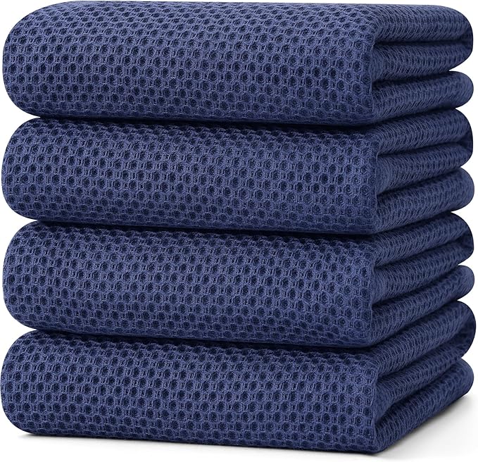 Kitinjoy 100% Cotton Waffle Weave Kitchen Towels (20 X 28 Inches, Navy Blue), 4-Pack Super Soft and Absorbent Dish Towel for Drying Dishes