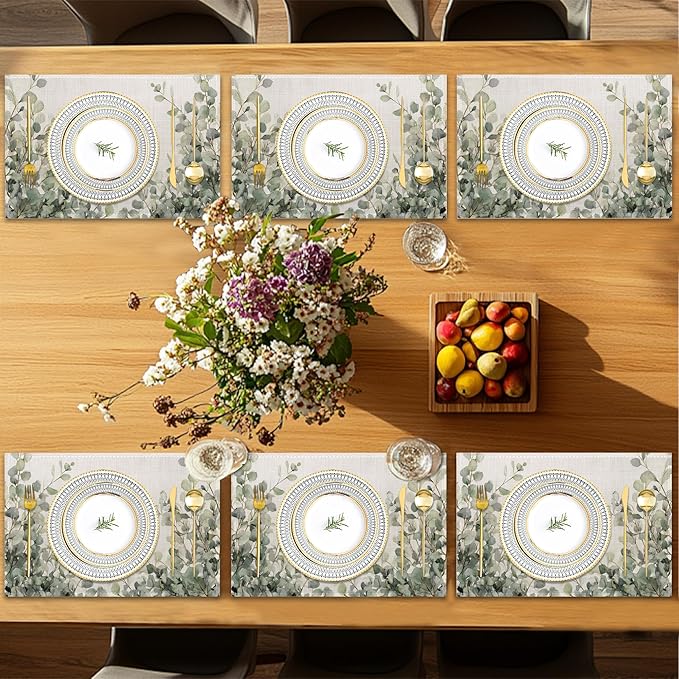 Watercolor Eucalyptus Leaves Placemats Set of 6, Green Branches Table Mates Non-Slip Heat Resistant Washable Linen Place Mats for Party Kitchen Dining Decoration Indoor Outdoor 12"x18"