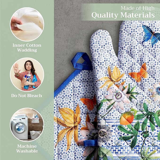 Maison d' Hermine 100% Cotton Oven Mitt & Pot Holder Set (7.5"x13" & 8"x8") Heat Resistant BBQ Cooking Gloves with Loop Baking Grilling Kitchen Gifts for Mothers Day Spring/Summer (Passiflora)