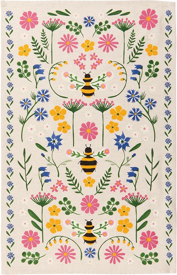 Now Designs Bee Garden Dishtowel, 18x28in, Cotton-Linen Blend, Folk Art-Inspired Kitchen Towel with Bees and Wildflowers