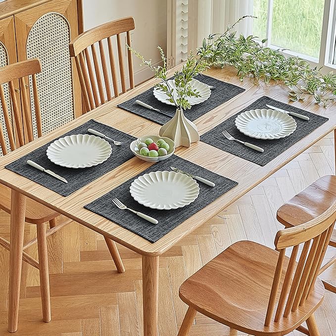 Softalker Faux Linen Placemats Set of 8-12 x 18 Inch, Heat Resistant Double Layered Durable Burlap Farmhouse Place Mats, Non-Slip Washable Rustic Table Mats for Dining, Kitchen, Party（Dark Grey