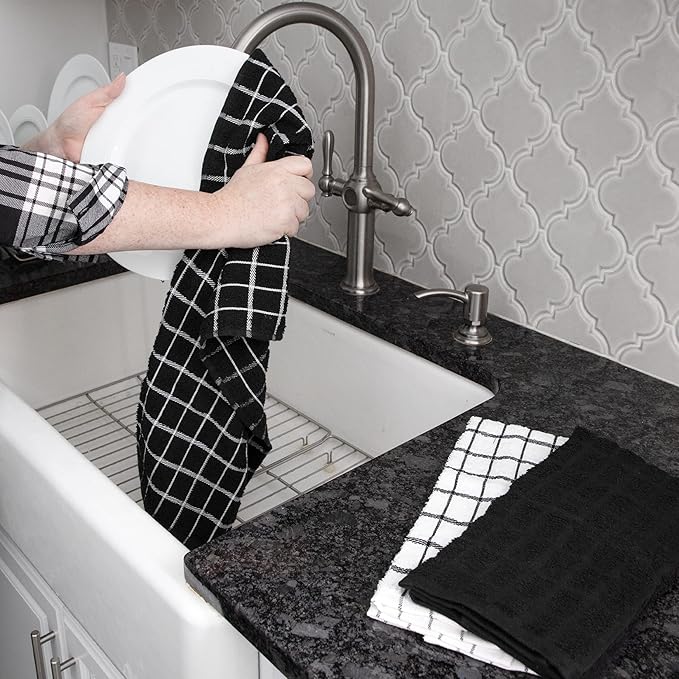Ritz Premium 3-Pack Kitchen Towel & 6-Pack Dish Cloth Set - Highly Absorbent, Super Soft, Long-Lasting, 100% Cotton Terry Drying Cleaning Cloths, Black