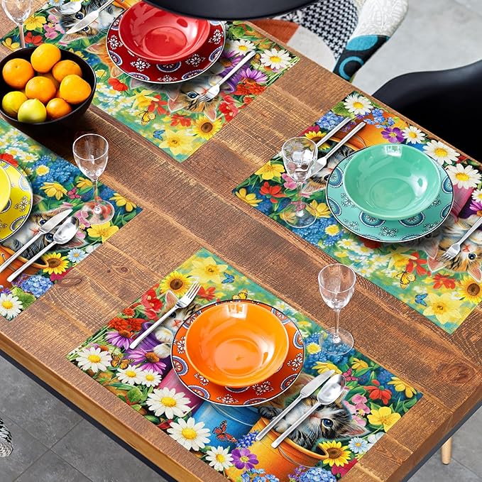 Funny Cats Placemat Set of 4 Colorful Floral Cloth Table Place Mat for Dining Kitchen Party Decor