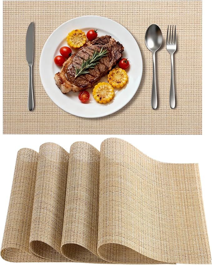 Timeet Placemats Set of 4, Heat Resistant Non-Slip Place Mats for Dining Table, Durable Washable PVC Vinyl Woven Table Mats, Linen Textured Placemats for Kitchen Resistant Easy to Clean(Beige