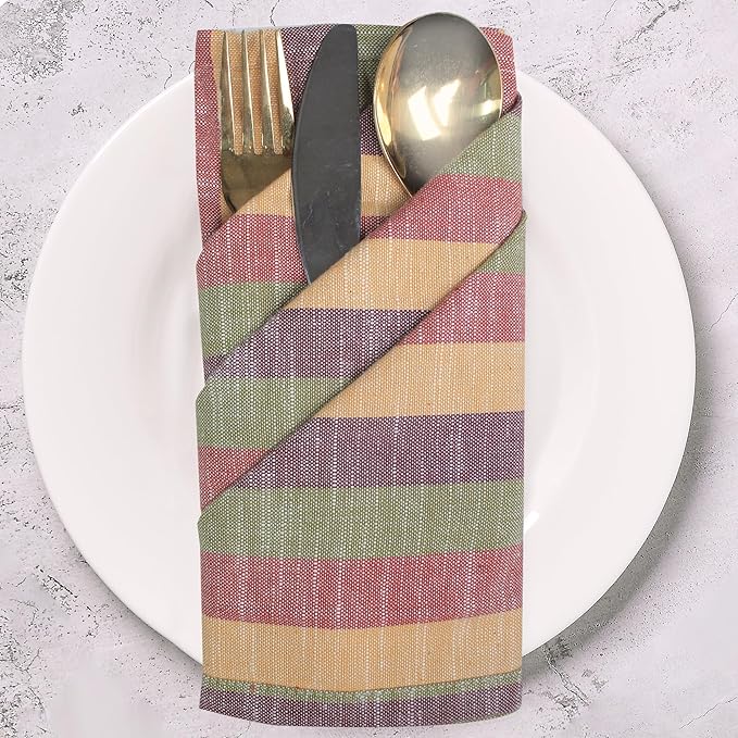 Urban Villa Cloth Napkins Set of 12 20x20 Inches 100% Cotton Napkins Cloth Washable Durable Reusable Absorbent Table Dinner Napkins Cloth for Thanksgiving Fall Hotel Lunch Restaurant- Harvest Stripes