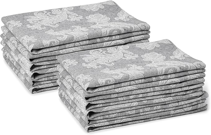 Encasa XO Grey Cloth Napkins Set of 12, 18x18 in | Floral Jacquard Homespun Cotton Dinner Napkins | Washable & Reusable Wedding Napkins for Holiday Dining, Parties, & Everyday Table Décor