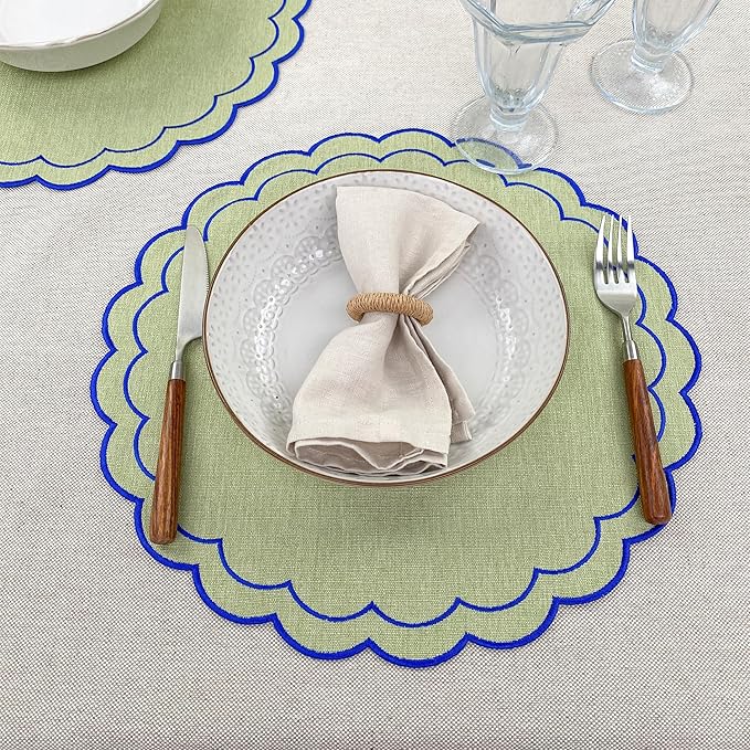 Linen Cotton Placemats Set of 4 Scalloped Flower Embroidery Place Mats 15'' Natural Linen Texture Fabric Machine Washable Table Mats for Restaurant Kitchen,Table Decor(Matcha Green)