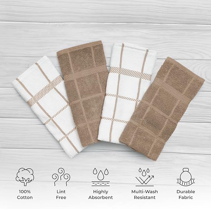 100% Cotton Terry Dish Towels, 4 pack16 x26 Inches, Super Soft and Absorbent Kitchen Towels, Perfect for Kitchen Cleaning and Dish Washing | Tan