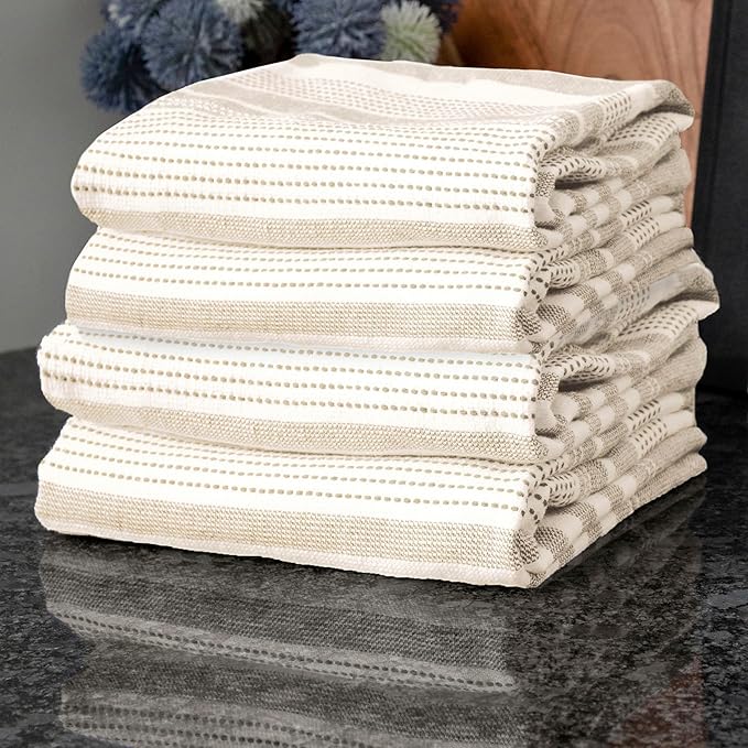 T-Fal Skipping Stripe Dual Kitchen Towel, 18" x 28", Highly Absorbent 100% Cotton, 4-Pack, Toast