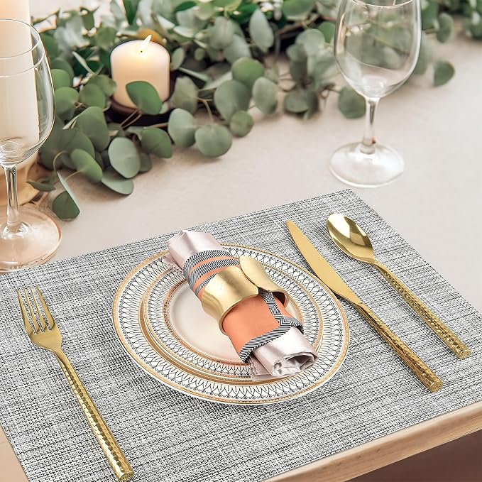 SLKQG Gray Placemats Set of 6 - Easy Clean Washable Vinyl Placemats - Wipeable Heat Resistant Table Mats for Dining Table - 17.7x11.8 Inch (6, Gray Black White)