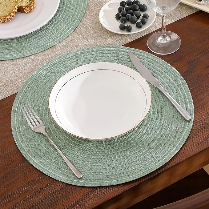 SHACOS Round Placemats Set of 6 Washable 15 inch Cotton Polyester Table Mats Woven Braided Place Mats for Dining Table, Sage Green