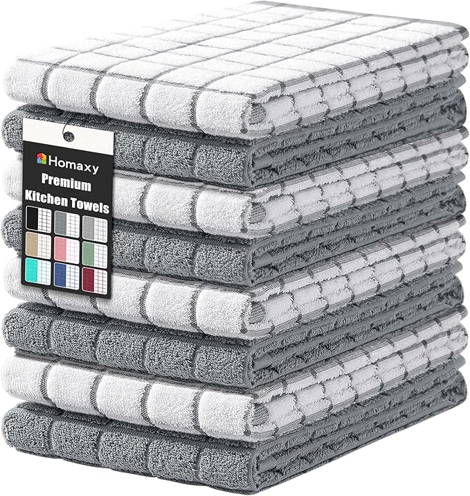 Homaxy Premium Cotton Kitchen Towels 16"x 28", Large Natural Ring Spun 390 GSM Dish Towels, Super Absorbent Terry Kitchen Hand Towels, Soft Tea Towels with Hanging Loop, Grey Check Design, 8 Pack