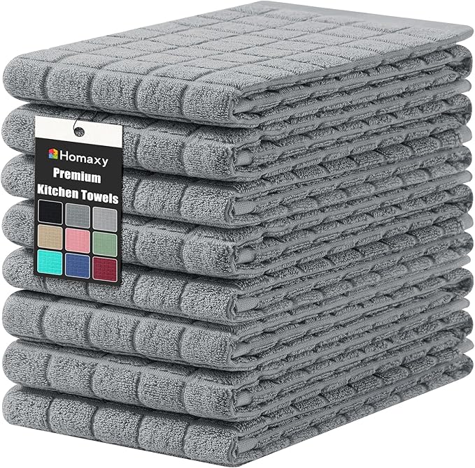 Homaxy Premium Cotton Kitchen Towels 16"x 28", Large Natural Ring Spun 390 GSM Dish Towels, Super Absorbent Terry Kitchen Hand Towels, Soft Tea Towels with Hanging Loop, Pure Grey Design, 8 Pack
