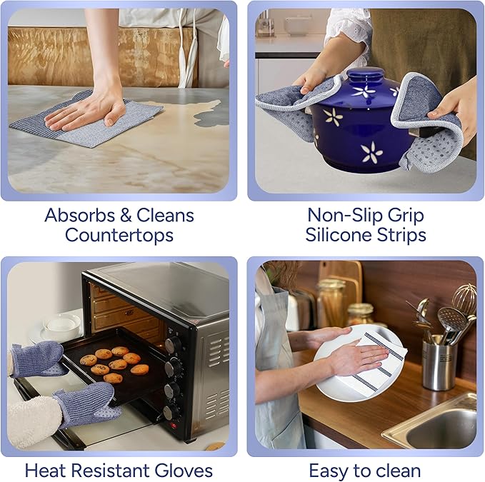 Casa Platino Mini Oven Mitts Set, 8-Piece – 500°F Heat Resistant Silicone Oven Mitt, Potholders for Kitchens, 2 Kitchen Towels & 2 Dish Cloths – Non-Slip & Durable – Indigo