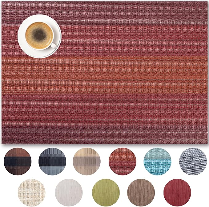 Placemats Set of 8 - Easy Clean Woven Vinyl Placemats for Dining Table, Indoor/Outdoor Place Mats, Washable PVC Table Mats（Pomegranate Parade）