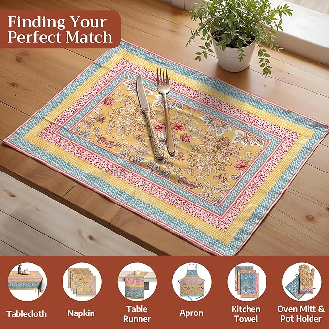 Maison d' Hermine Placemats Set of 4 100% Cotton Washable Cloth Place Mats Reusable Table Mats for Kitchen Dining Party Wedding Gifts for Mothers Day Spring/Summer (Marquise, 13" x 19")